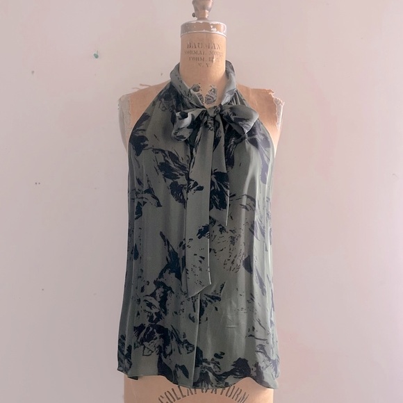 Parker) Silk Hazy Olive Green Black Floral print Halter Bowtie ButtonDown Blouse - Picture 1 of 12